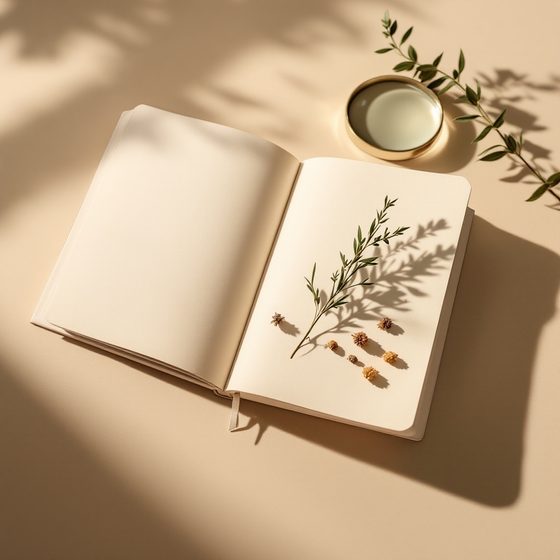An open notebook with a pressed herb sprig and a magnifying glass