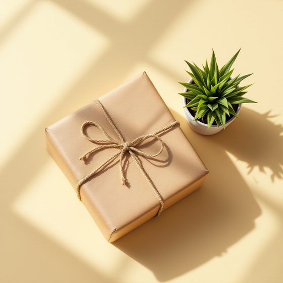 A kraft-paper parcel tied with twine beside a small potted plant